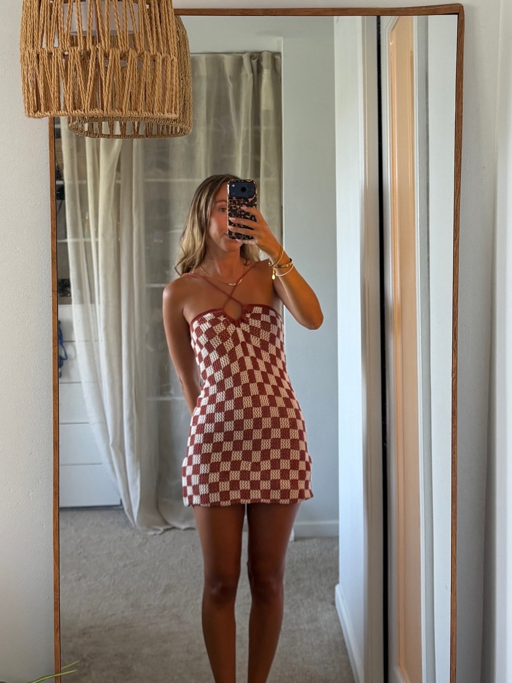 emory park Rust & White Checkered Strapless Knit Mini Dress